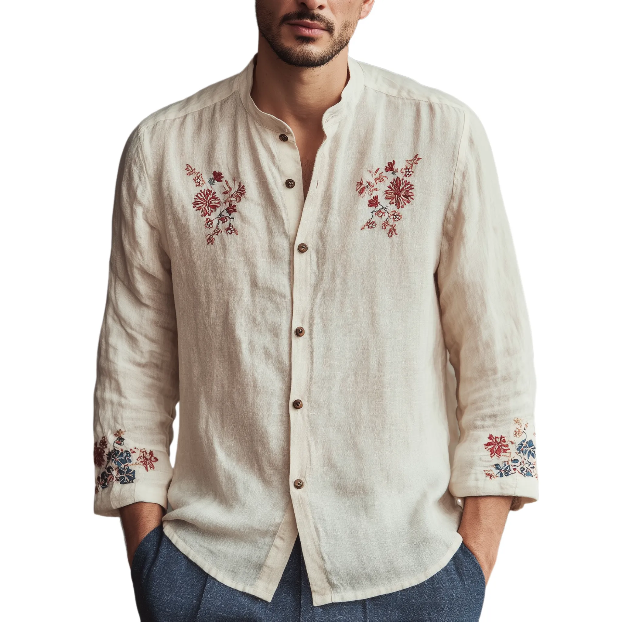 Men's Classic Casual Stand-up Collar Cotton Linen Cuffs And Chest Embroidery Loose Long Sleeve Shirt MTA2331G8K sold by Manly