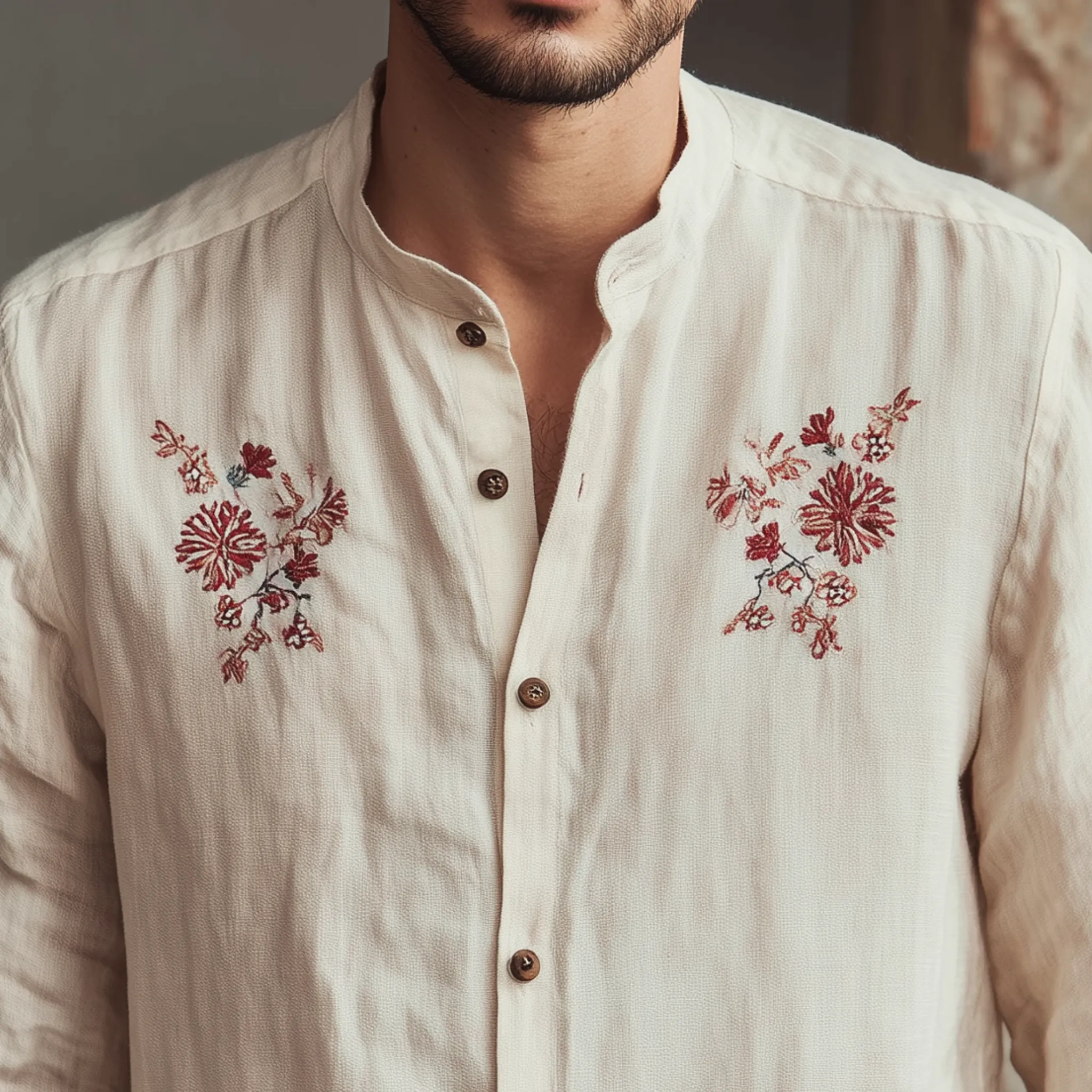 Men's Classic Casual Stand-up Collar Cotton Linen Cuffs And Chest Embroidery Loose Long Sleeve Shirt MTA2331G8K sold by Manly product image thumbnail 3