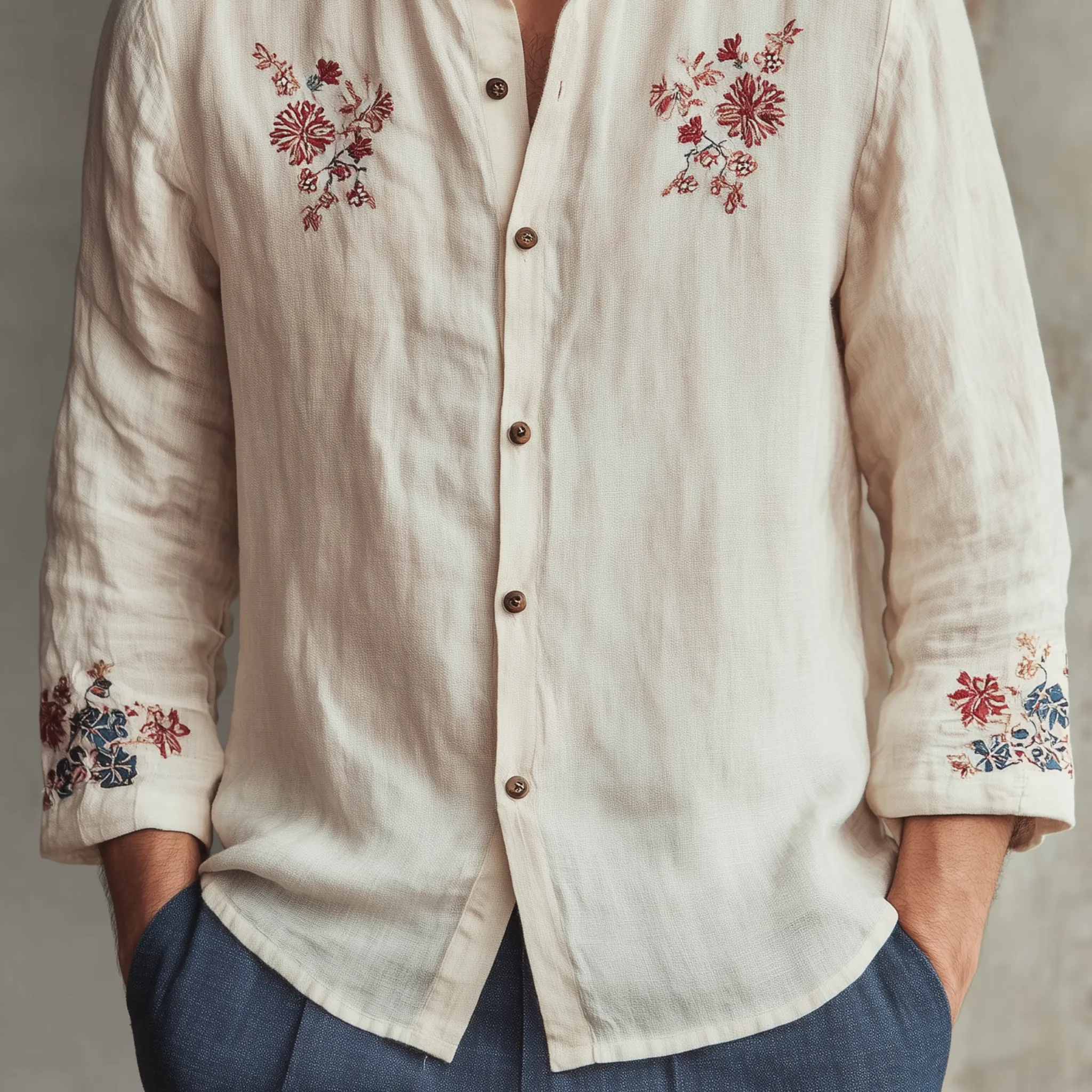 Men's Classic Casual Stand-up Collar Cotton Linen Cuffs And Chest Embroidery Loose Long Sleeve Shirt MTA2331G8K sold by Manly product image thumbnail 4