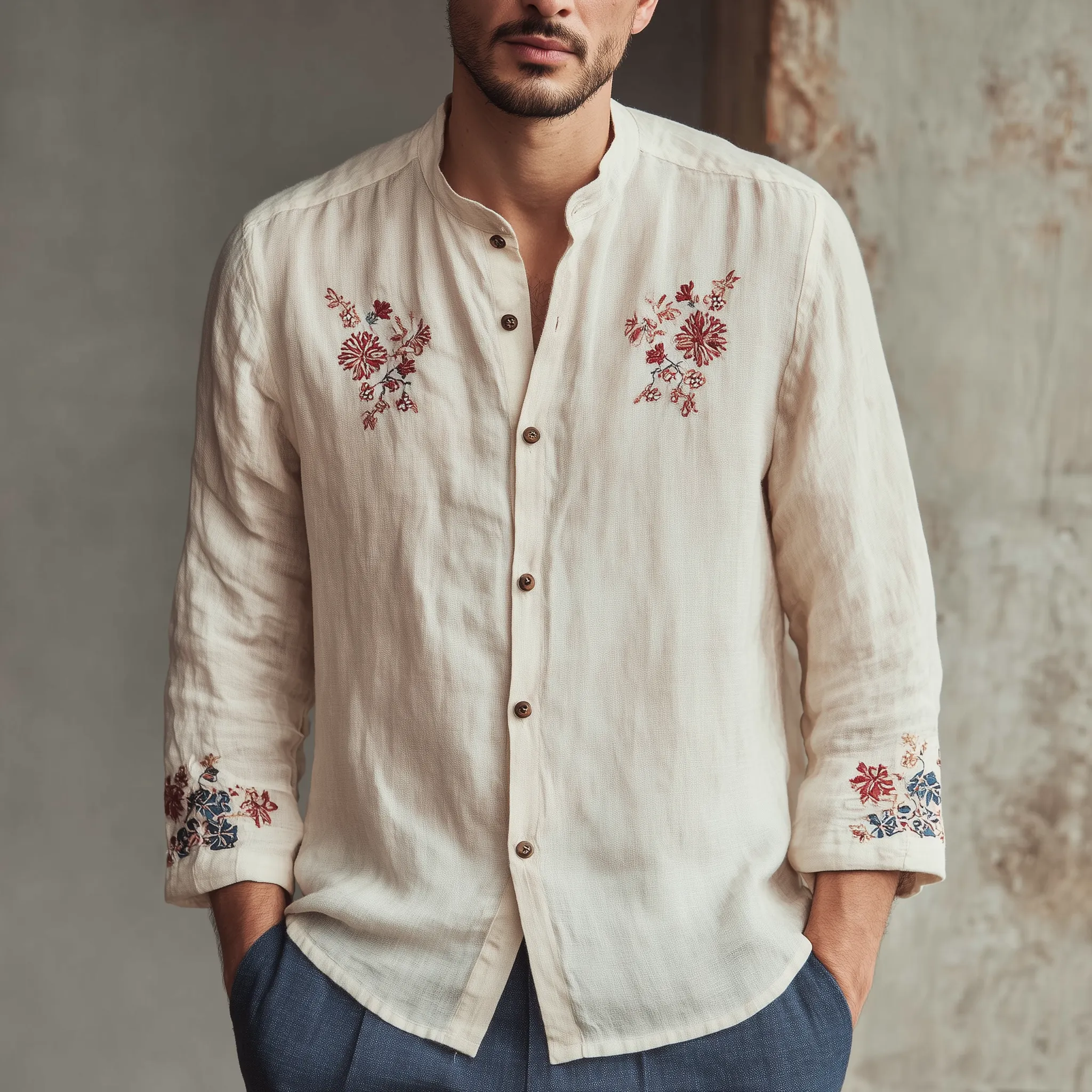 Men's Classic Casual Stand-up Collar Cotton Linen Cuffs And Chest Embroidery Loose Long Sleeve Shirt MTA2331G8K sold by Manly product image thumbnail 2
