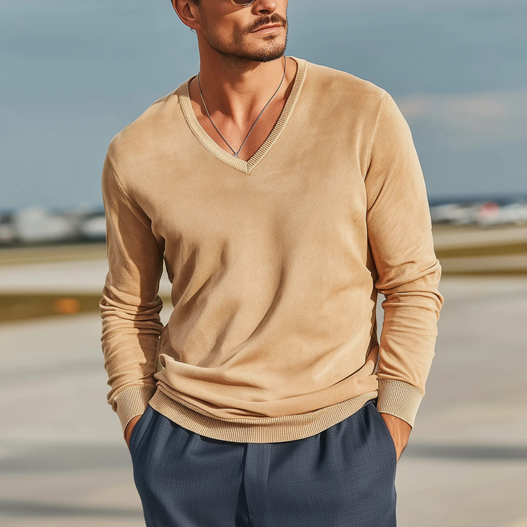 Men's Classic Casual Collar, Cuffs And Hem Ribbed Stitching Thin Suede V-neck Long-sleeved T-shirt MTA2323G5K sold by Manly product image thumbnail 2