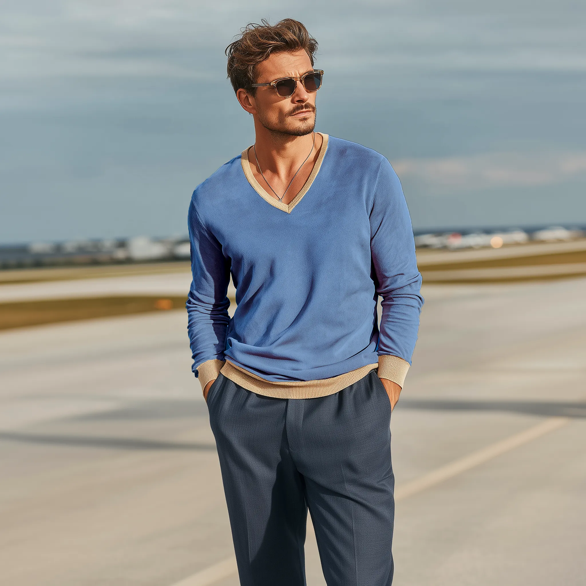 Men's Classic Casual Collar, Cuffs And Hem Ribbed Stitching Thin Suede V-neck Long-sleeved T-shirt MTA2323G5K sold by Manly product image thumbnail 5