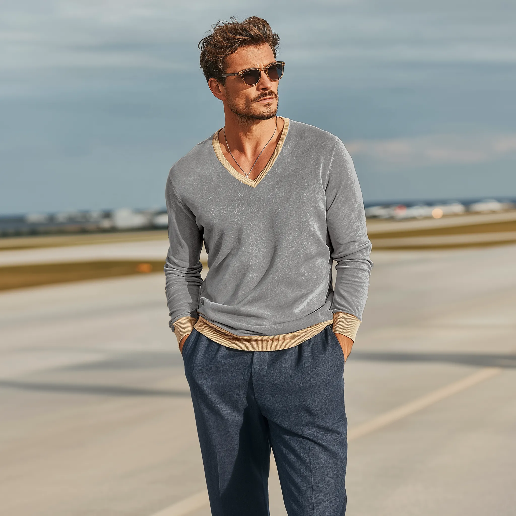 Men's Classic Casual Collar, Cuffs And Hem Ribbed Stitching Thin Suede V-neck Long-sleeved T-shirt MTA2323G5K sold by Manly product image thumbnail 3