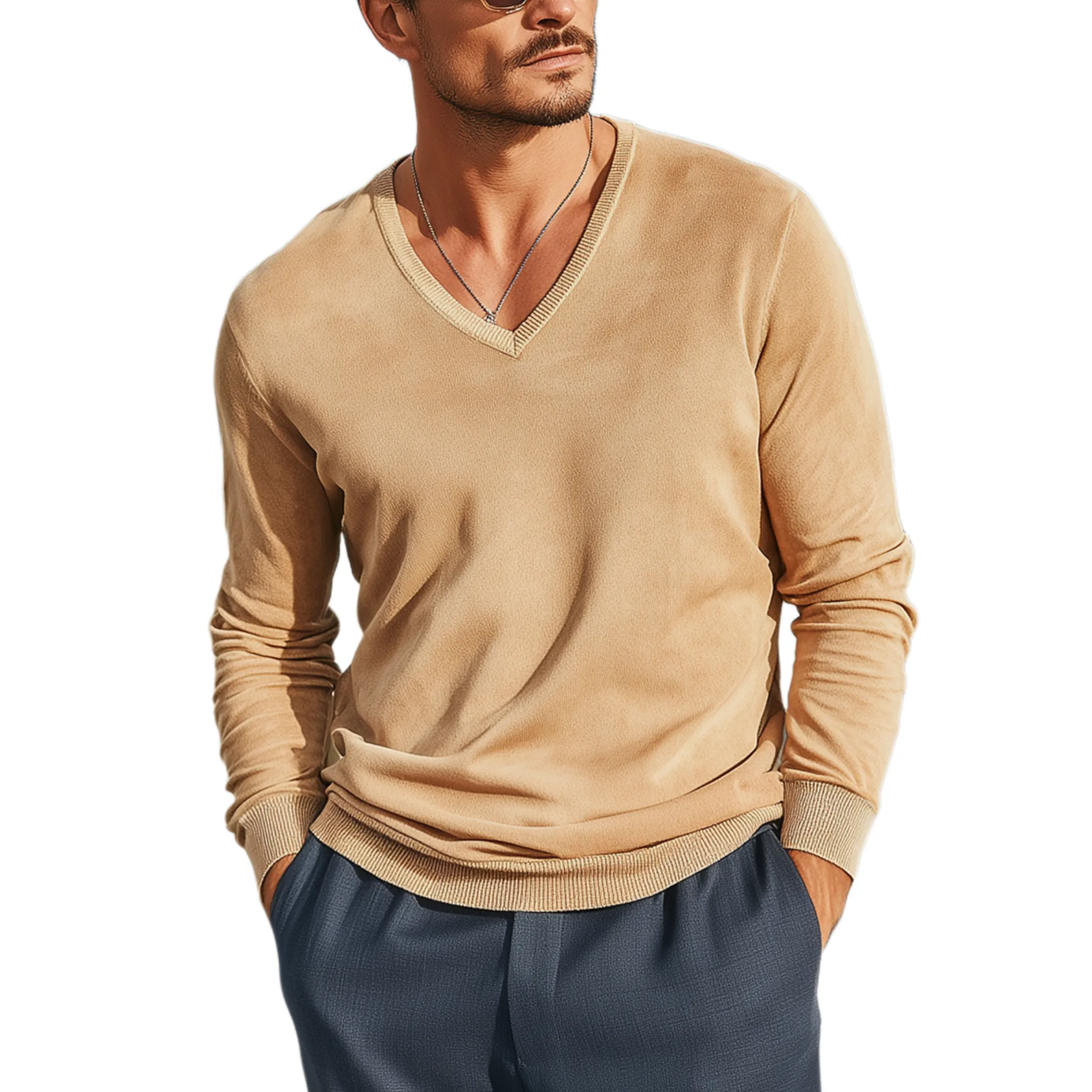 Men's Classic Casual Collar, Cuffs And Hem Ribbed Stitching Thin Suede V-neck Long-sleeved T-shirt MTA2323G5K sold by Manly