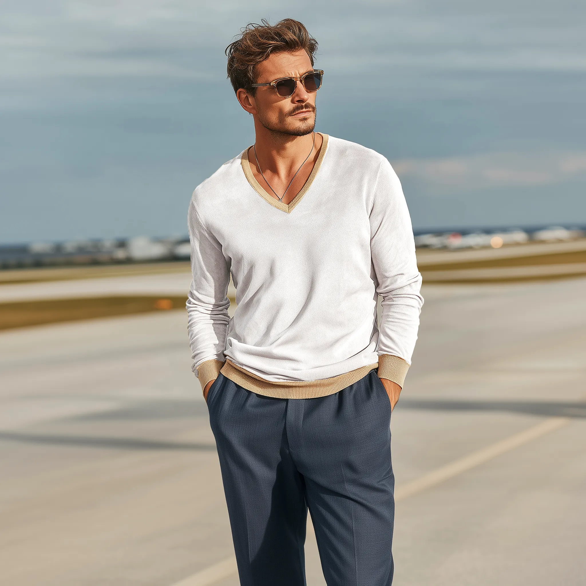 Men's Classic Casual Collar, Cuffs And Hem Ribbed Stitching Thin Suede V-neck Long-sleeved T-shirt MTA2323G5K sold by Manly product image thumbnail 4