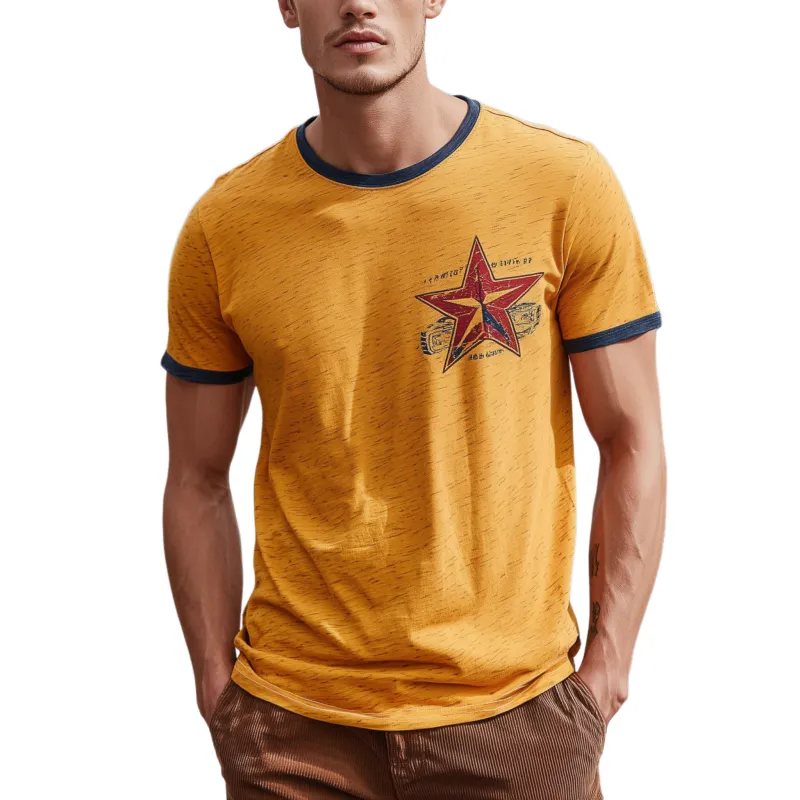 Men's Classic Casual Heathered Cotton Blend Contrast Stitching And Print Crew Neck Short Sleeve T-shirt MTA2373G2K sold by Manly
