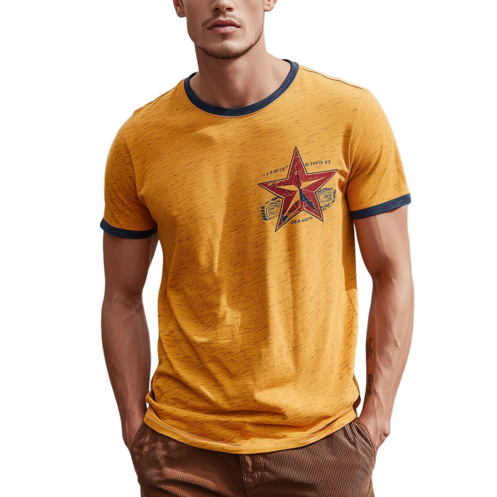 Men's Classic Casual Heathered Cotton Blend Contrast Stitching And Print Crew Neck Short Sleeve T-shirt MTA2373G2K sold by Manly