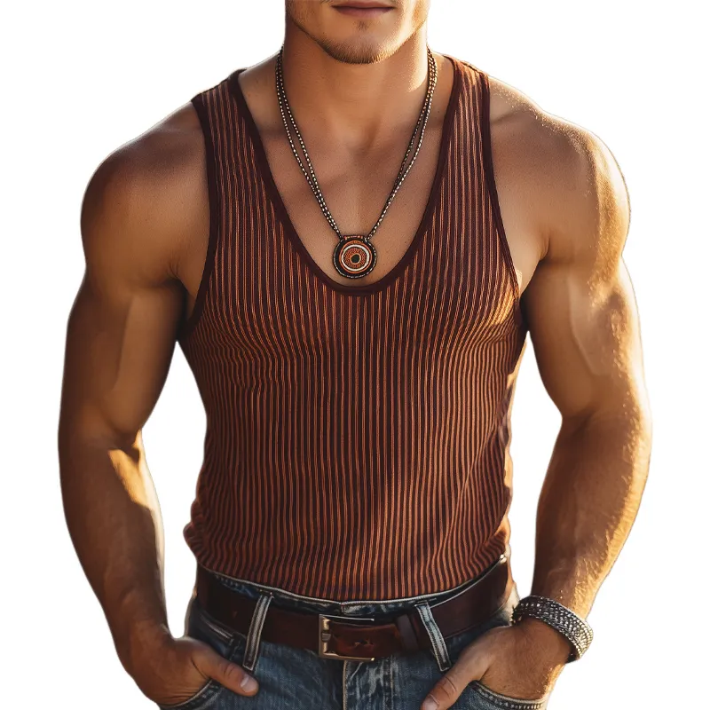 Men's Deep V-Neck Colorblock Vertical Striped Knitted Tank Top MTA2226G3U sold by Manly