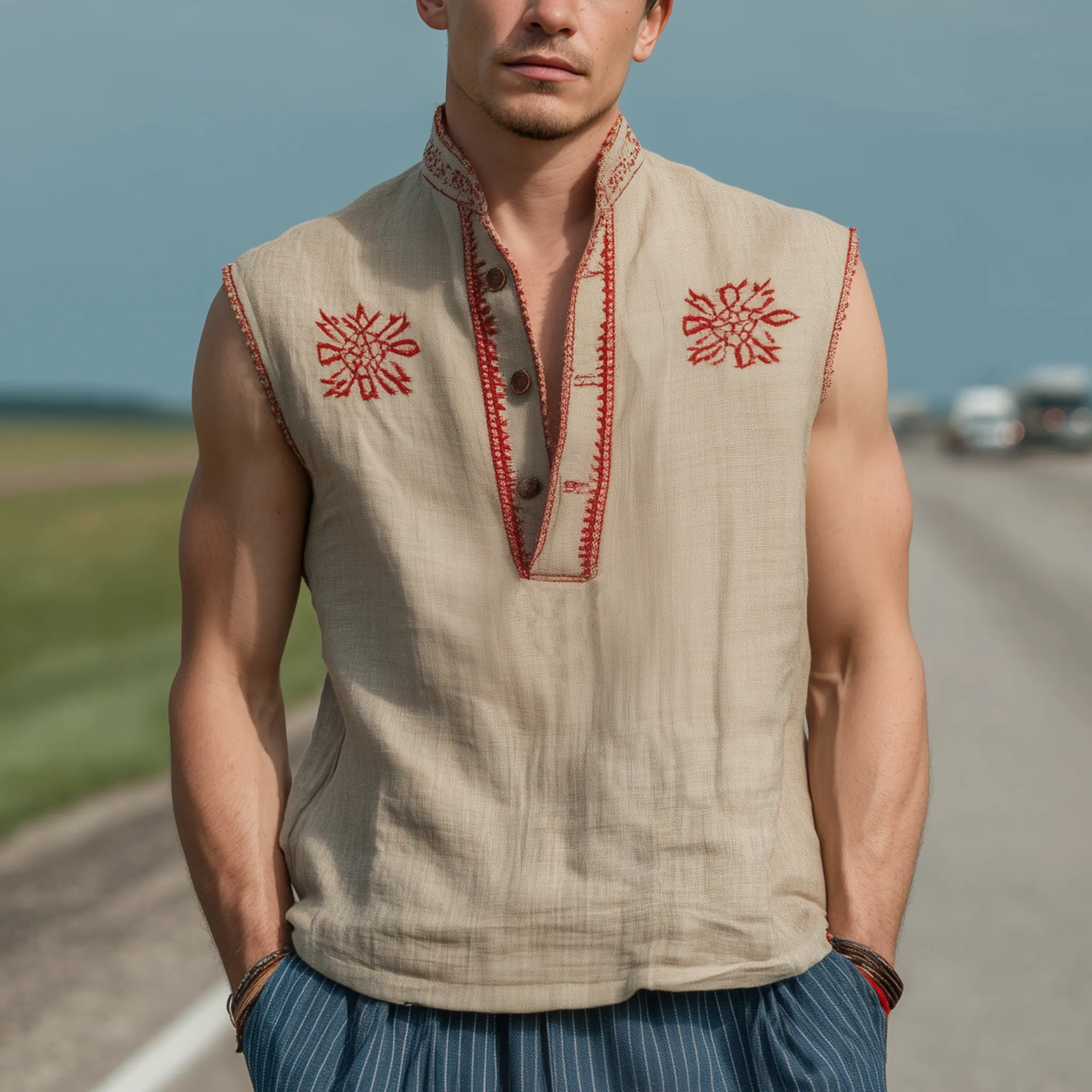 Men's Classic Casual Western Style Cotton And Linen Embroidered Henley Collar Loose Tank Top MTA2359G1K sold by Manly product image thumbnail 2