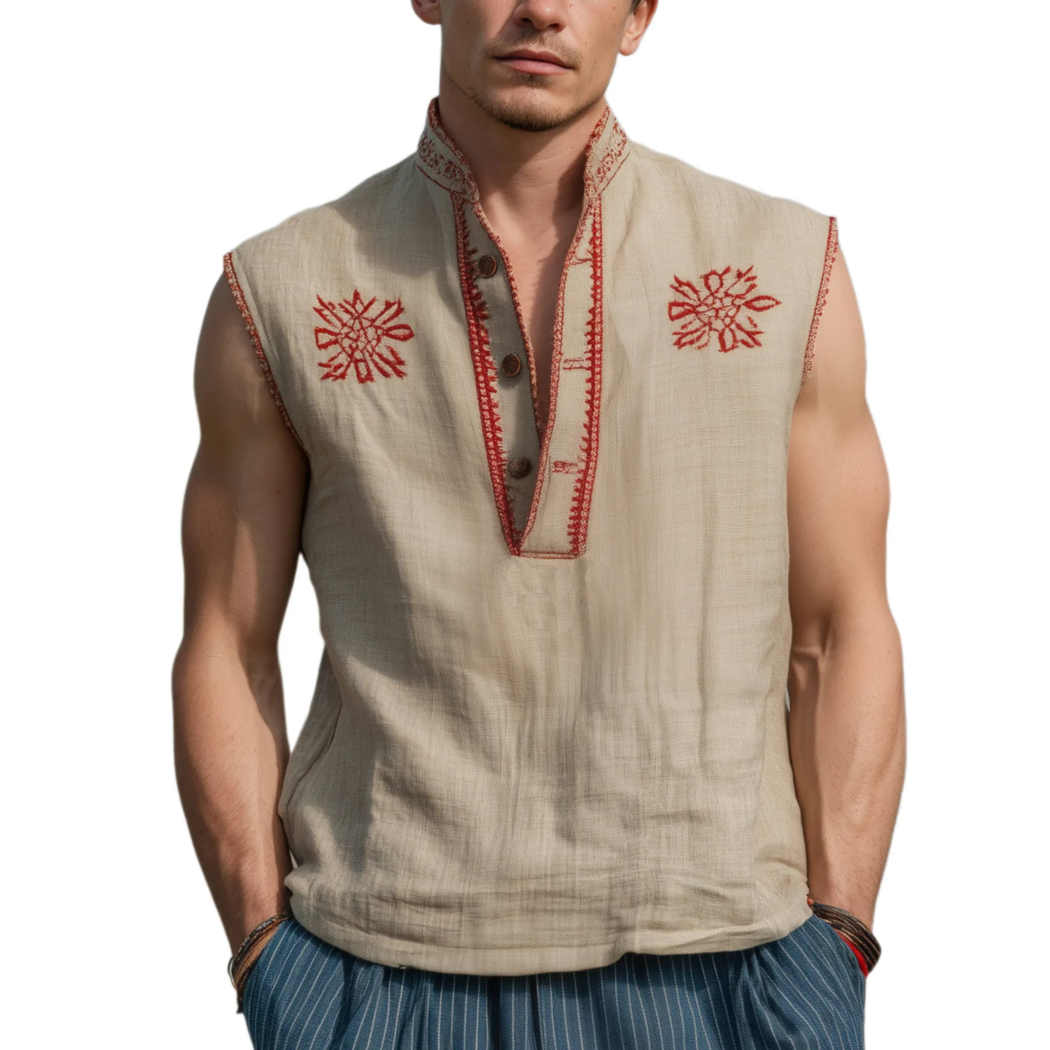 Men's Classic Casual Western Style Cotton And Linen Embroidered Henley Collar Loose Tank Top MTA2359G1K sold by Manly