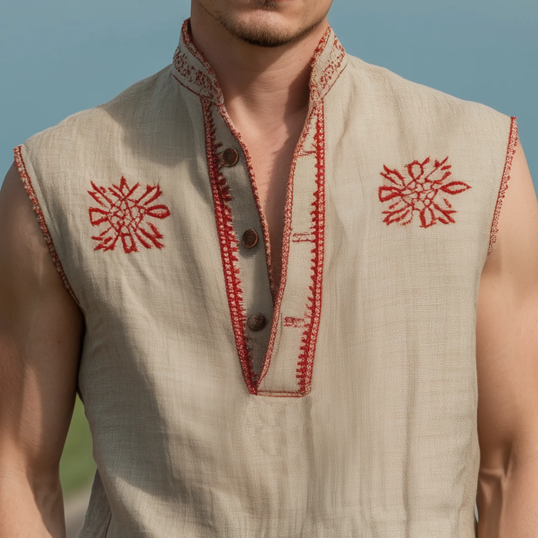 Men's Classic Casual Western Style Cotton And Linen Embroidered Henley Collar Loose Tank Top MTA2359G1K sold by Manly product image thumbnail 4