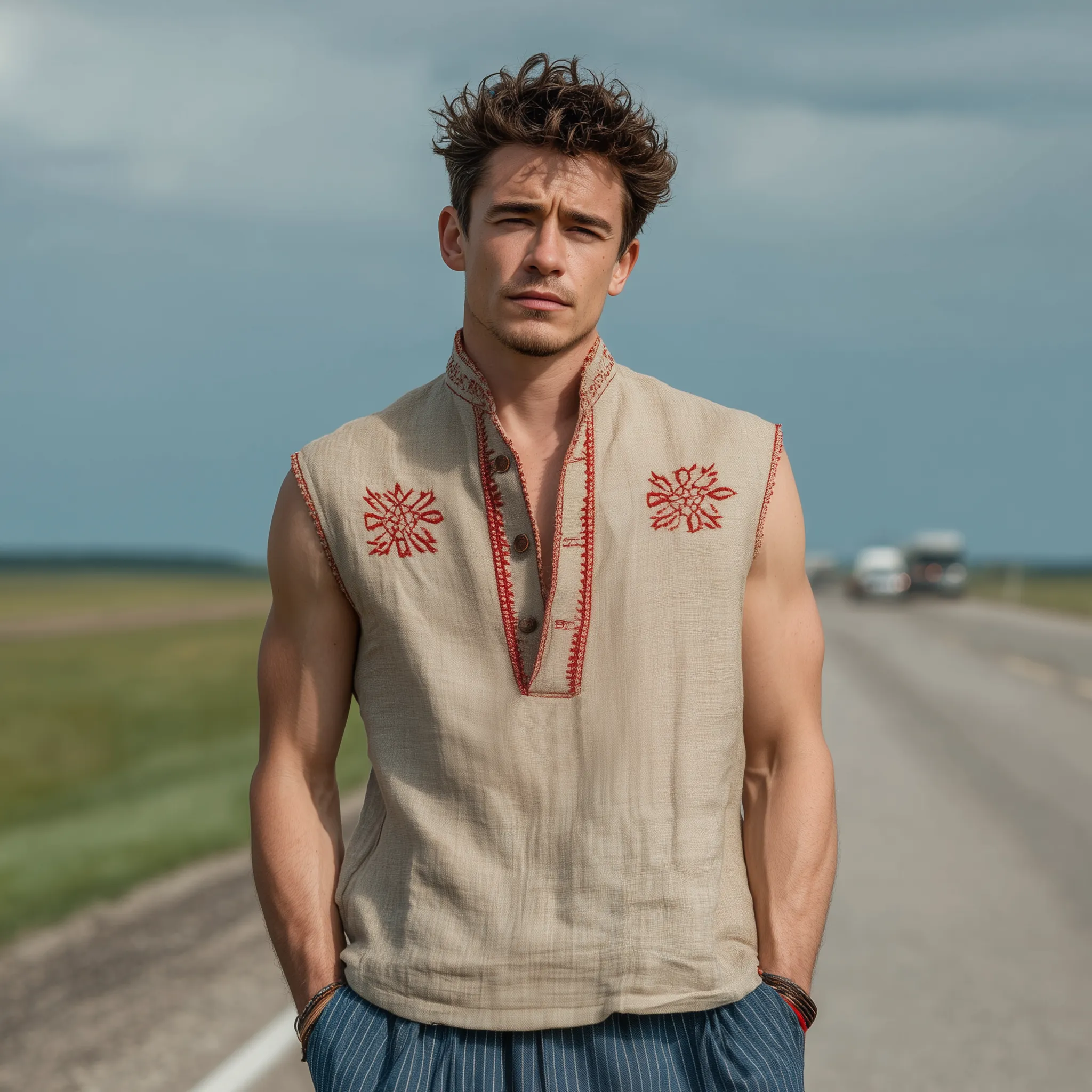 Men's Classic Casual Western Style Cotton And Linen Embroidered Henley Collar Loose Tank Top MTA2359G1K sold by Manly product image thumbnail 3