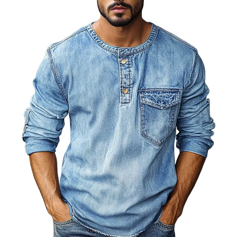 Men's Crew Neck Vintage Distressed Long Sleeve Denim Sweatshirt MTA2259G2X sold by Manly