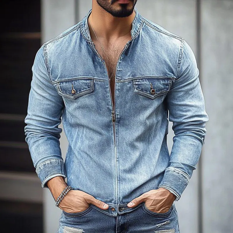 Men's Vintage Washed Distressed Stand Collar Zipper Denim Jacket MTA2279G4X sold by Manly product image thumbnail 3