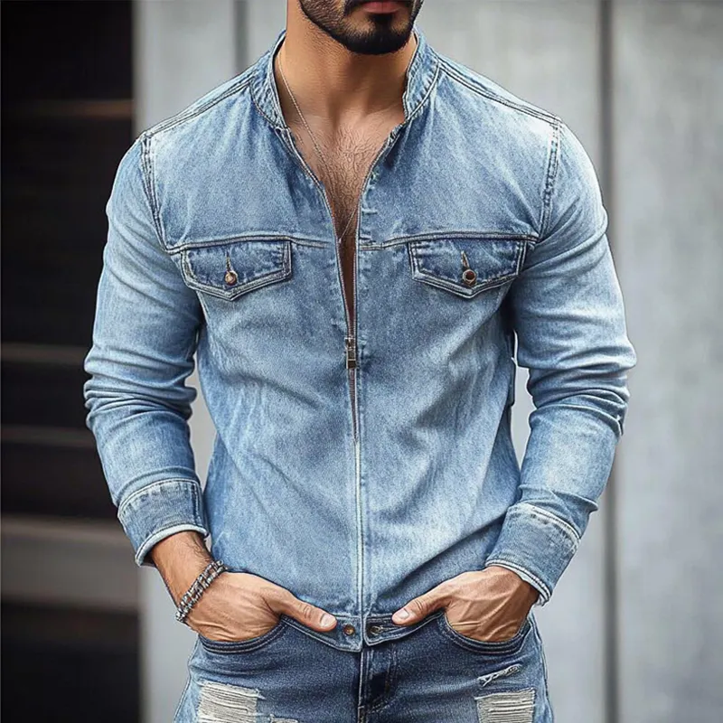 Men's Vintage Washed Distressed Stand Collar Zipper Denim Jacket MTA2279G4X sold by Manly product image thumbnail 2