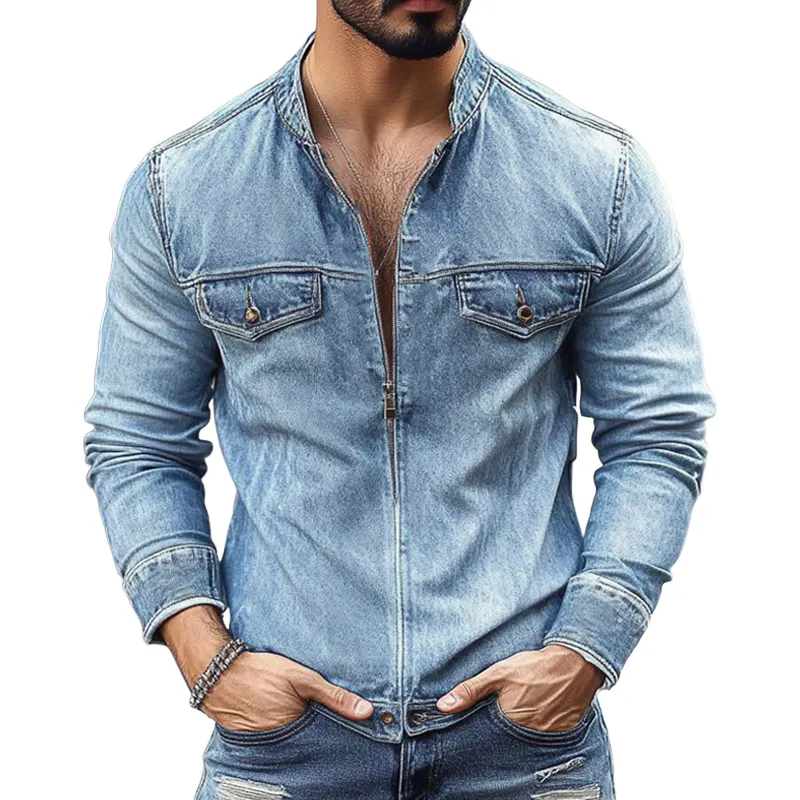Men's Vintage Washed Distressed Stand Collar Zipper Denim Jacket MTA2279G4X sold by Manly