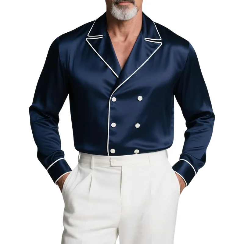 Men's White Trim Lapel Double Breasted Long Sleeve Satin Shirt MTA2398G0Z sold by Manly
