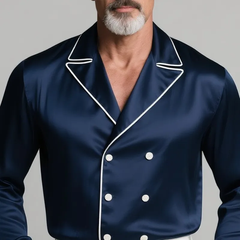 Men's White Trim Lapel Double Breasted Long Sleeve Satin Shirt MTA2398G0Z sold by Manly product image thumbnail 3