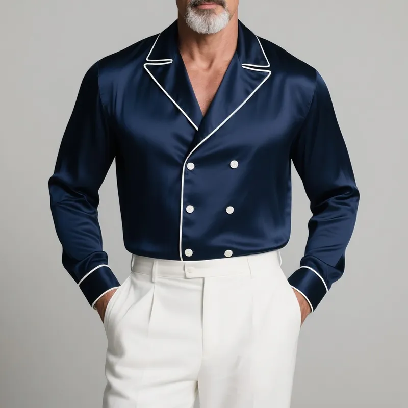 Men's White Trim Lapel Double Breasted Long Sleeve Satin Shirt MTA2398G0Z sold by Manly product image thumbnail 2