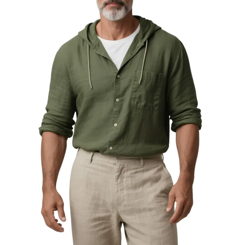 Men's Solid Cotton And Linen Hooded Long Sleeve Shirt MTA2327G0Z sold by Manly