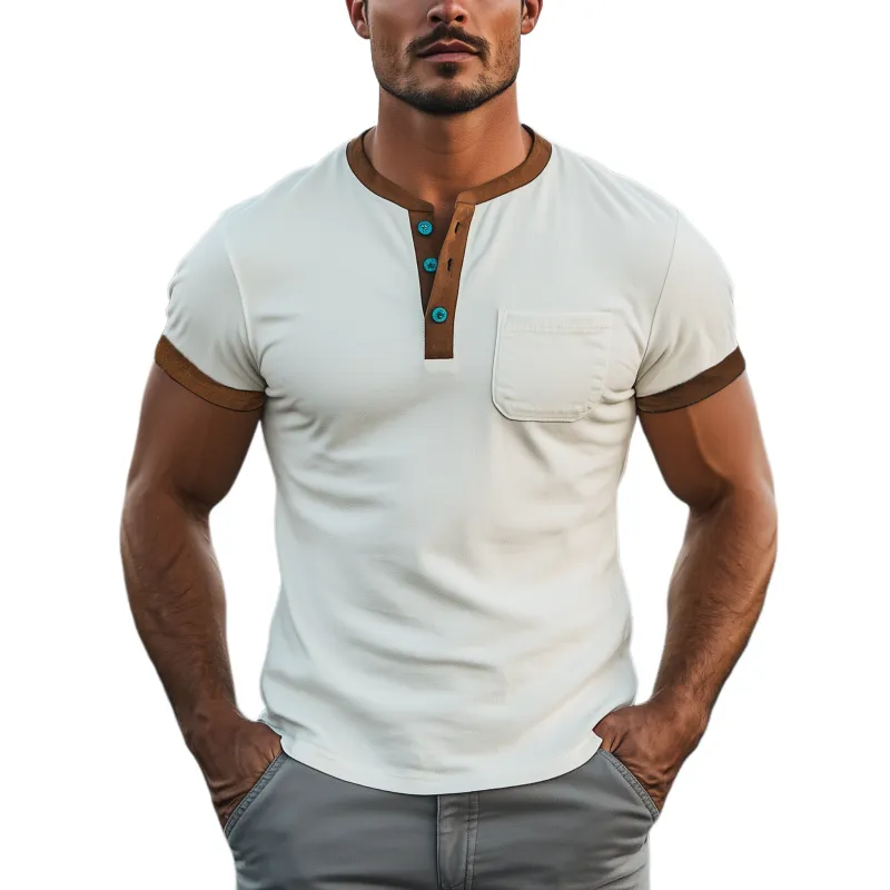 Men's Spring And Summer Casual Henley Collar Thin Suede Splicing Slim Short Sleeve T-shirt MTA2222G8K sold by Manly
