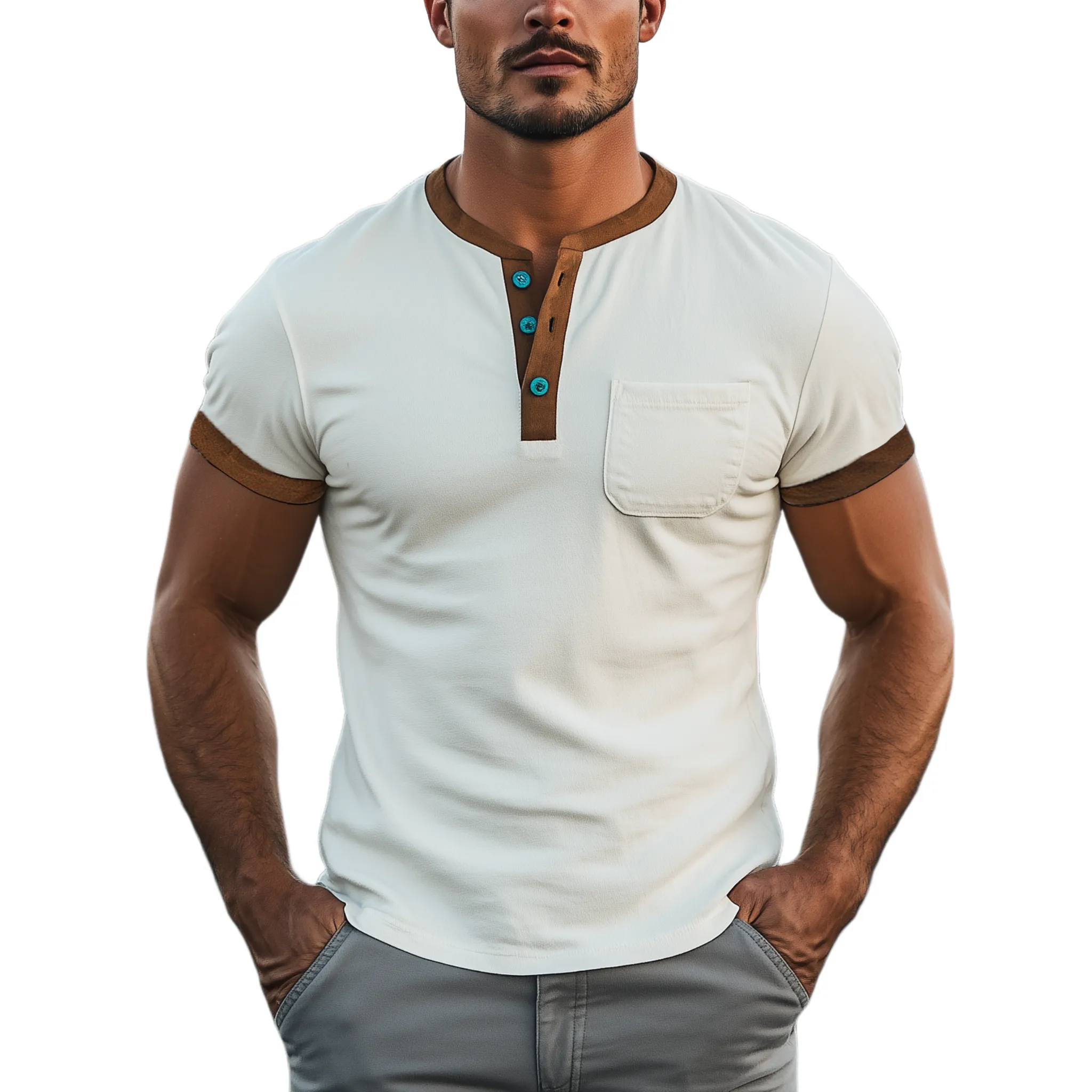 Men's Spring And Summer Casual Henley Collar Thin Suede Splicing Slim Short Sleeve T-shirt MTA2222G8K sold by Manly
