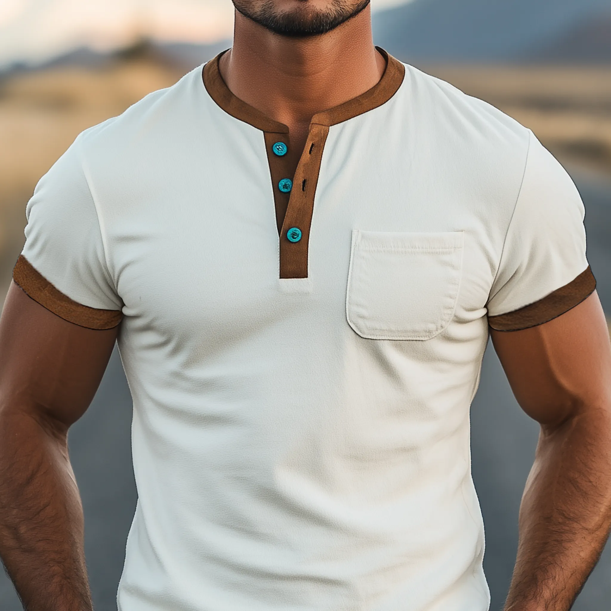 Men's Spring And Summer Casual Henley Collar Thin Suede Splicing Slim Short Sleeve T-shirt MTA2222G8K sold by Manly product image thumbnail 4