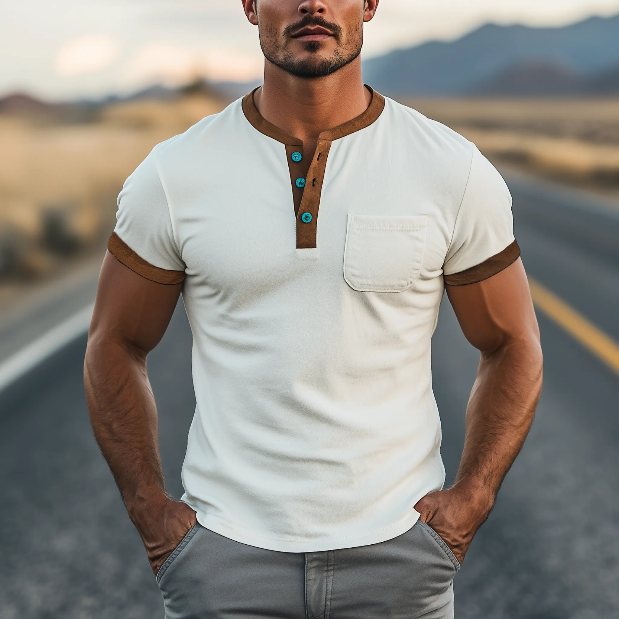 Men's Spring And Summer Casual Henley Collar Thin Suede Splicing Slim Short Sleeve T-shirt MTA2222G8K sold by Manly product image thumbnail 2