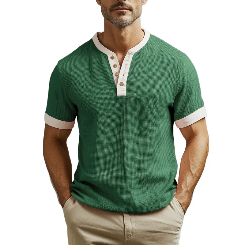 Men's Spring And Summer Casual Henley Collar Waffle Stitching Cotton Blended Short Sleeve T-Shirt MTA2295G7K sold by Manly