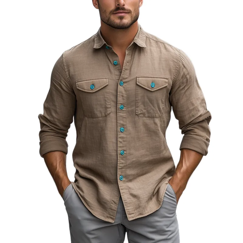 Men's Classic Casual Lapel Cotton And Linen Contrast Button Long Sleeve Shirt MTA2261G9K sold by Manly