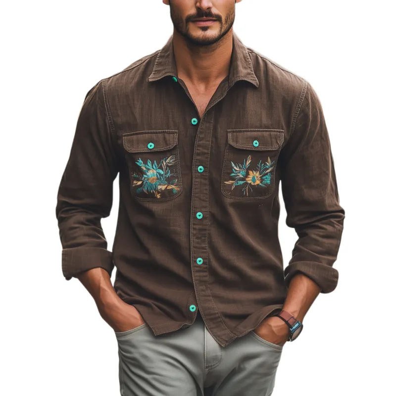 Men's Classic Casual Lapel Cotton And Linen Blend Pocket Embroidery Long Sleeve Shirt MTA2227G2K sold by Manly