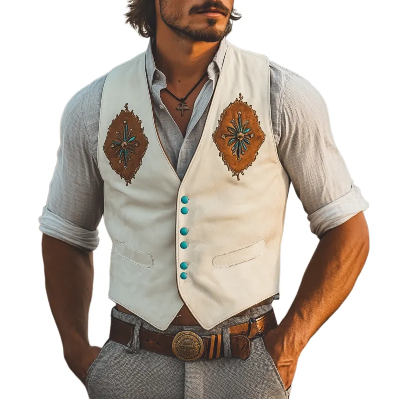 Men's Classic Casual Western Cowboy Style Embroidered Thin Suede Slim Vest MTA2288G2K sold by Manly