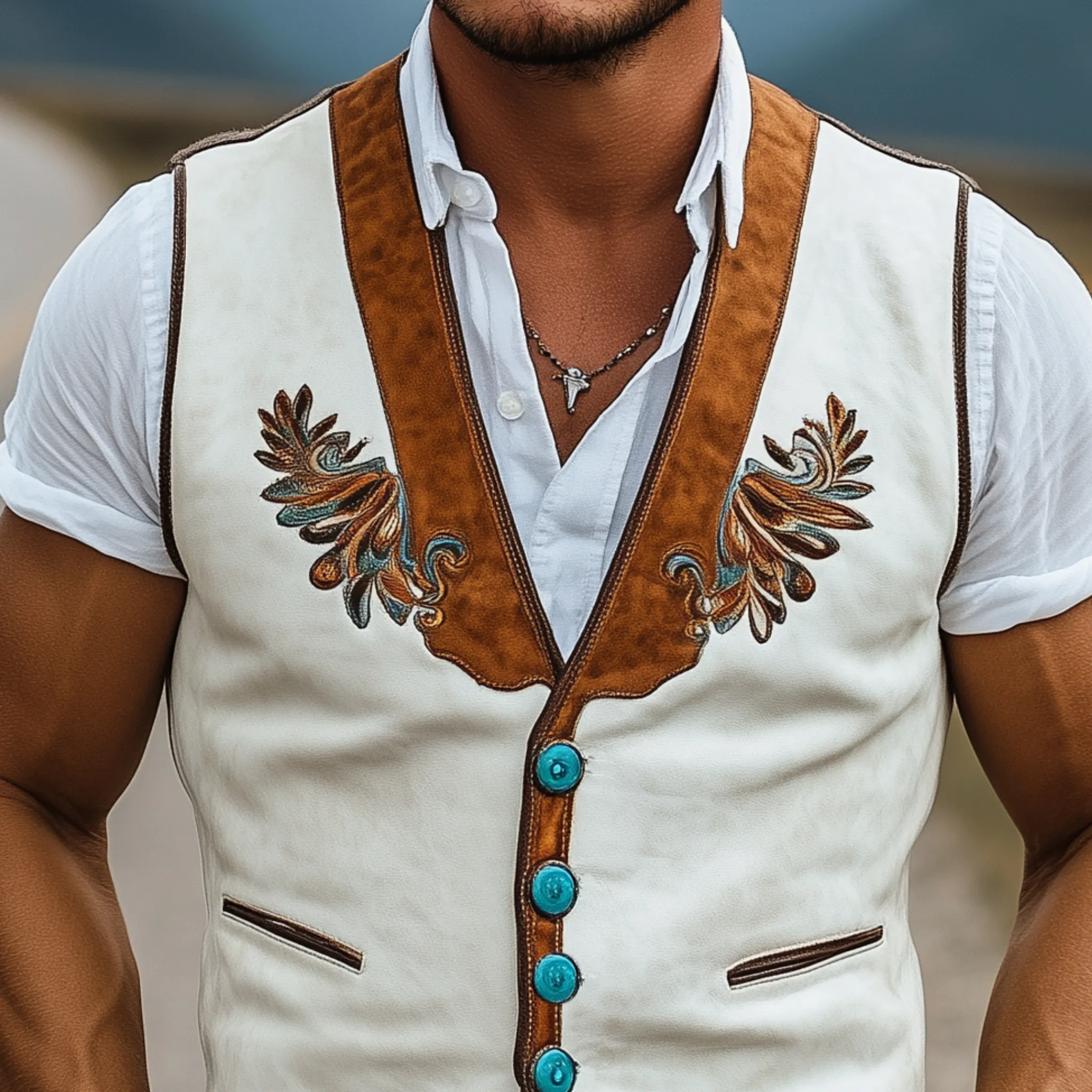Men's Classic Casual Western Cowboy Style Embroidered Thin Suede Patchwork Slim Fit Vest MTA2206G6K sold by Manly product image thumbnail 4