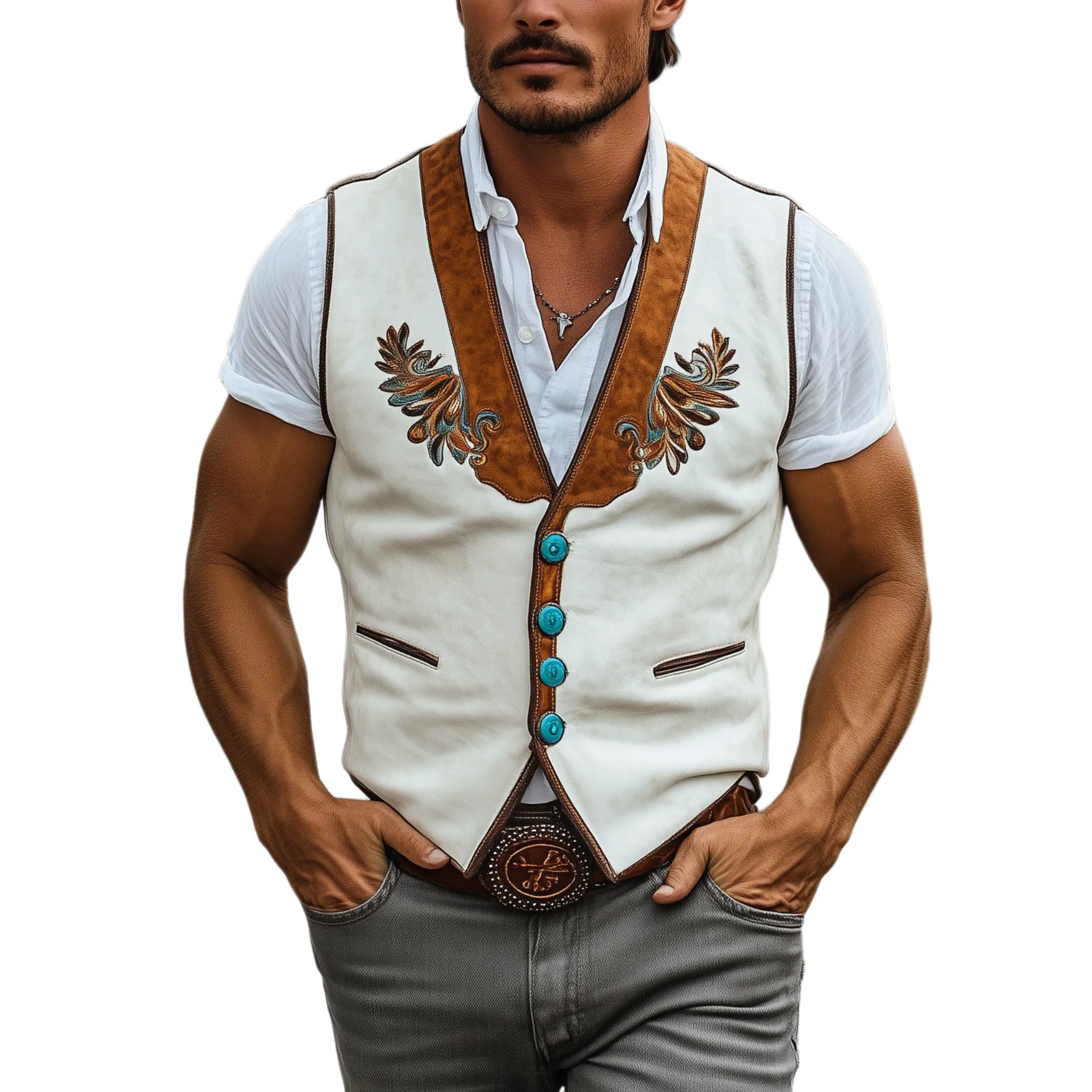 Men's Classic Casual Western Cowboy Style Embroidered Thin Suede Patchwork Slim Fit Vest MTA2206G6K sold by Manly