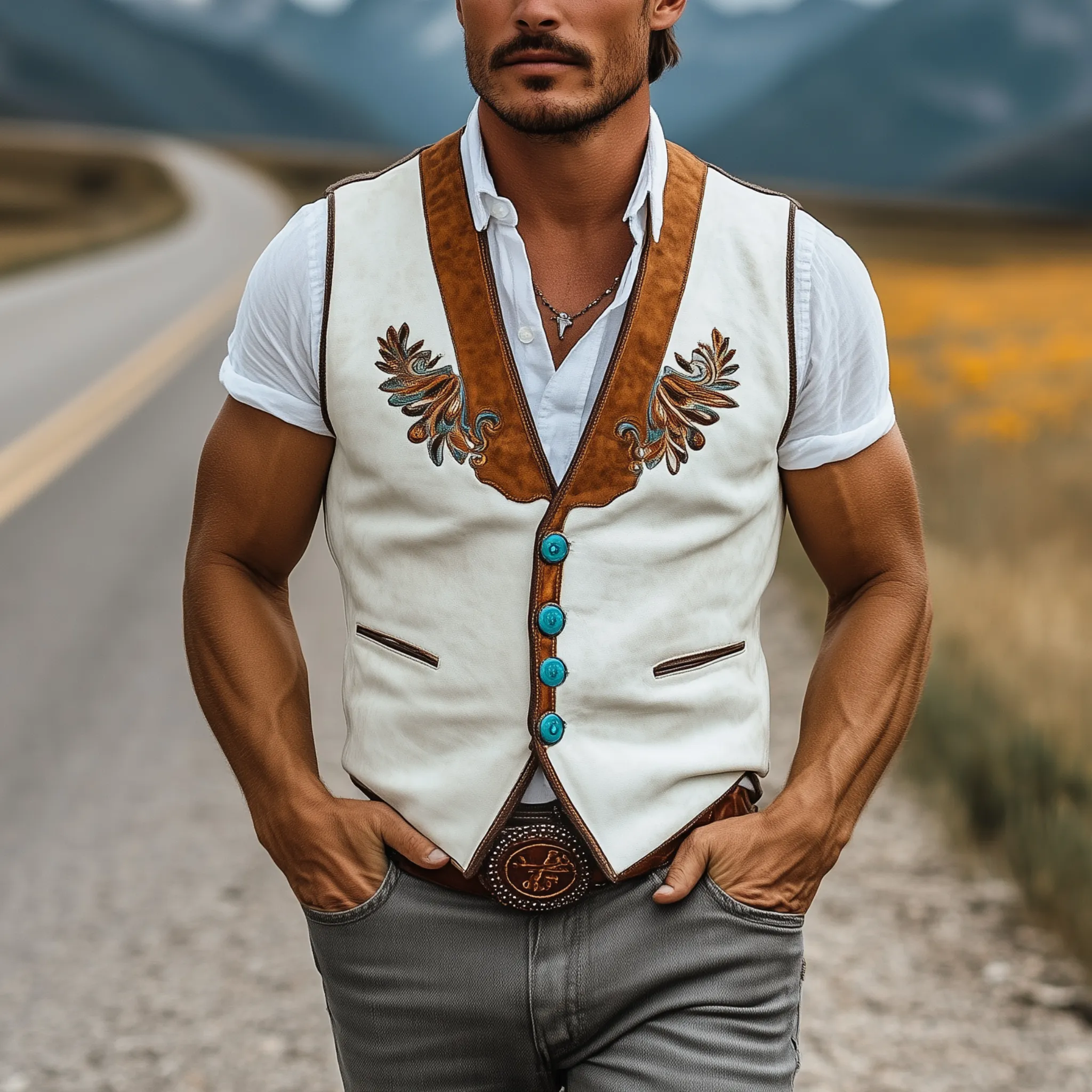 Men's Classic Casual Western Cowboy Style Embroidered Thin Suede Patchwork Slim Fit Vest MTA2206G6K sold by Manly product image thumbnail 2