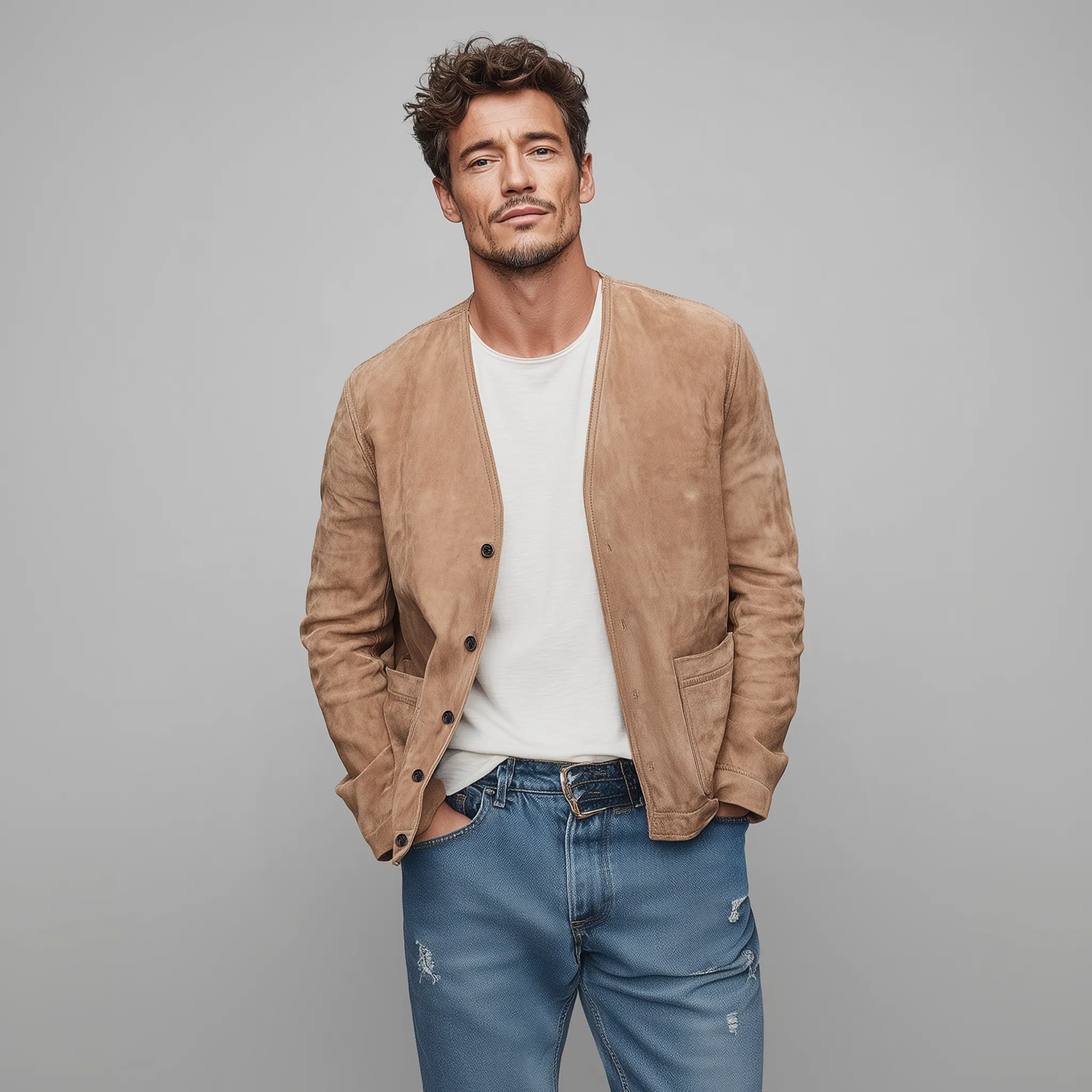 Men's Classic Casual Thin Suede Solid Color Collarless Loose Jacket MTA2275G4K sold by Manly product image thumbnail 5