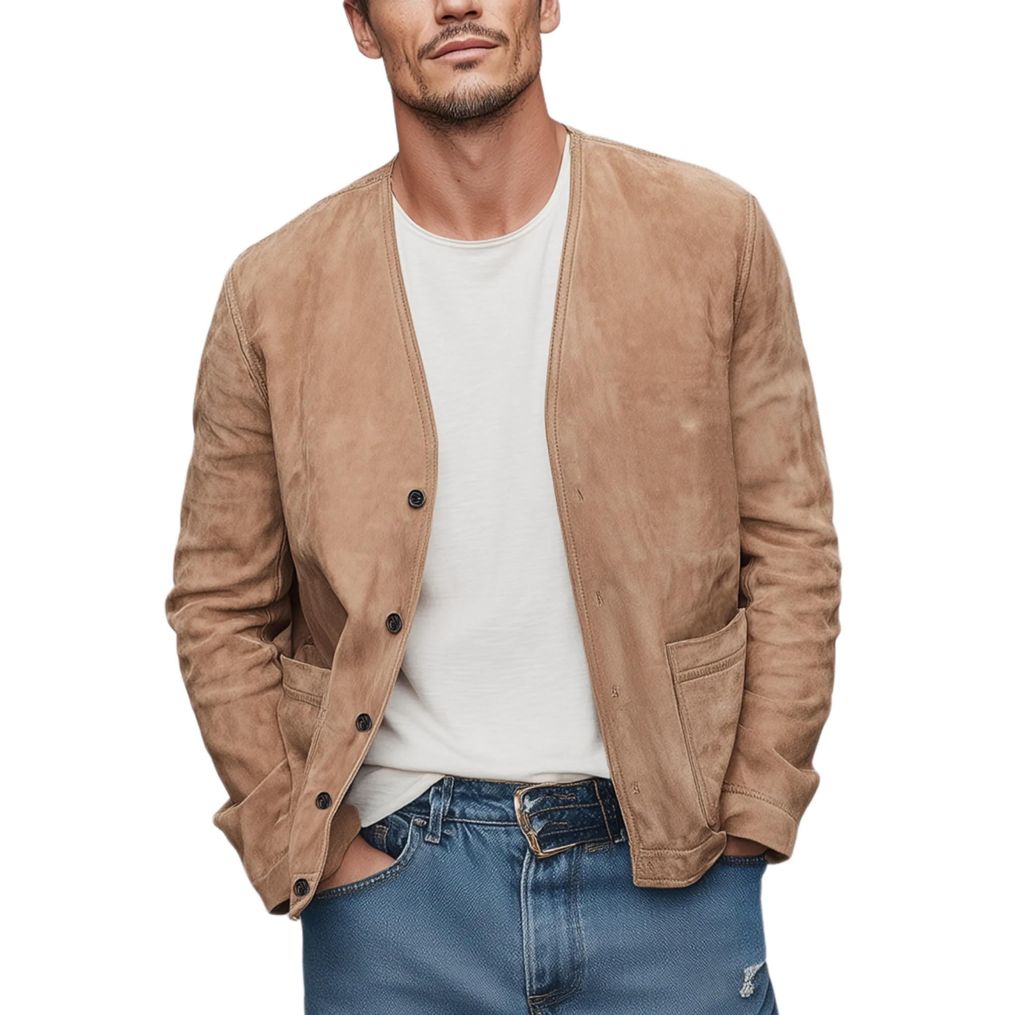 Men's Classic Casual Thin Suede Solid Color Collarless Loose Jacket MTA2275G4K sold by Manly