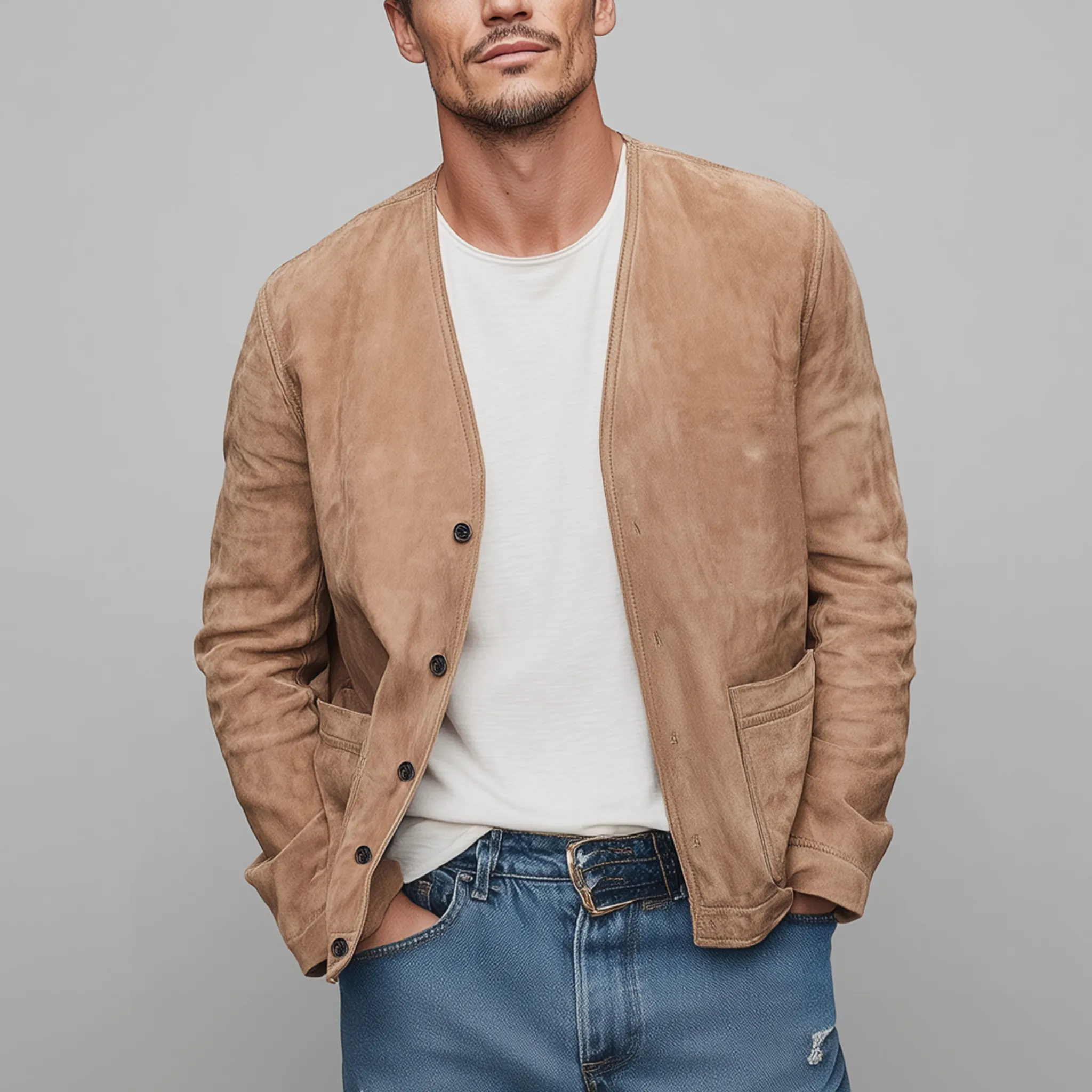 Men's Classic Casual Thin Suede Solid Color Collarless Loose Jacket MTA2275G4K sold by Manly product image thumbnail 2