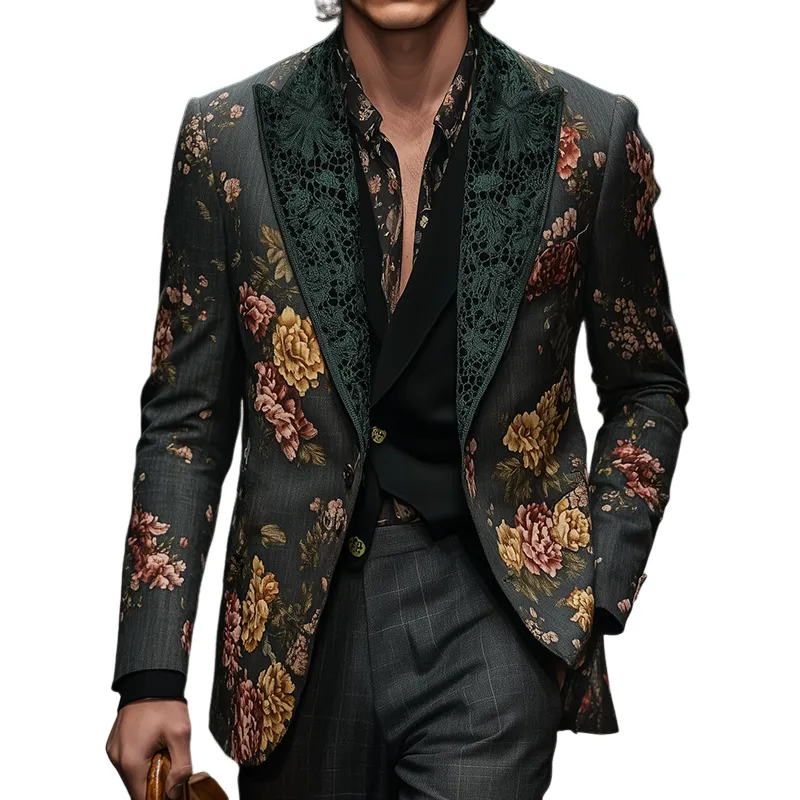 Men's Retro Large Flower Print Lace Stitching Casual Blazer MTA2197G9TO sold by Manly