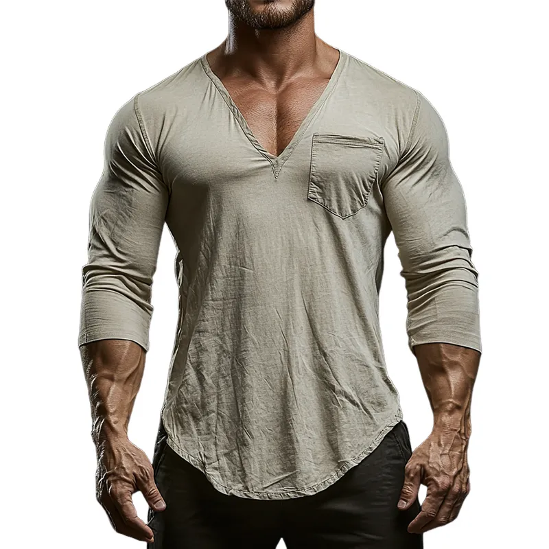 Men's Vintage Casual Cotton V-Neck Pocket Long Sleeve T-Shirt MTA2137G4TO sold by Manly