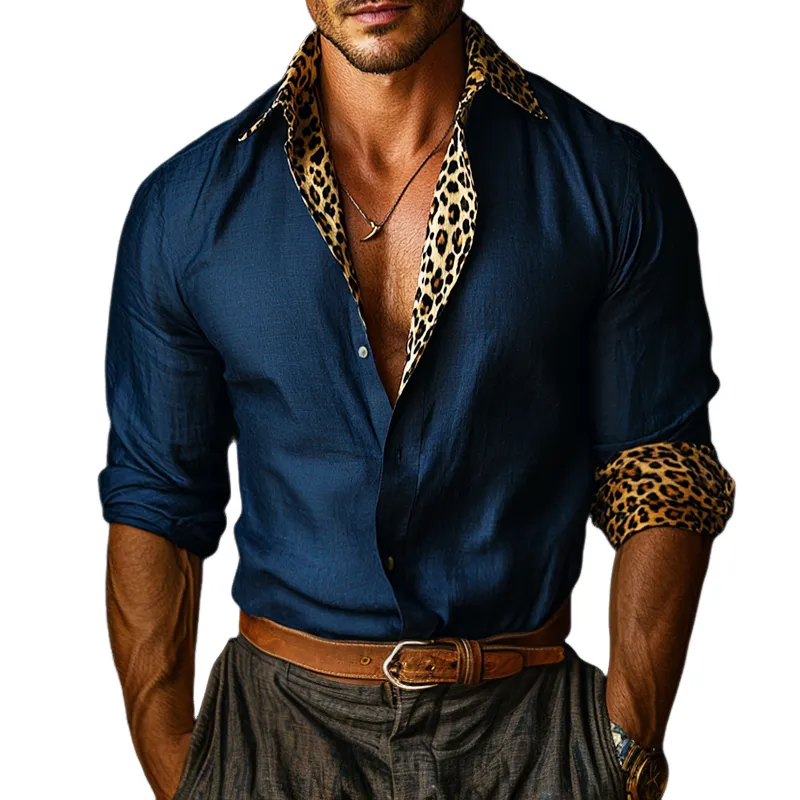 Men's Retro Casual Leopard Print Linen Lapel Long Sleeve Shirt MTA2182G9TO sold by Manly