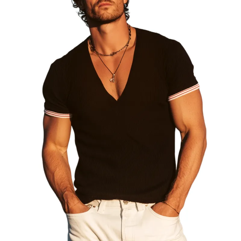 Men's Spring And Summer Casual Deep V Collar Cuffs Ribbed Slim Fit Ribbed Texture Knitted Short-sleeved T-shirt MTA2278G6K sold by Manly