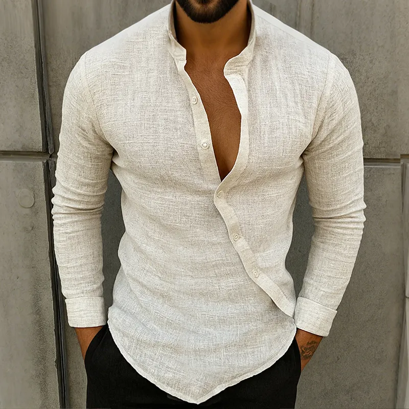 Men's Retro Casual Linen Stand Collar Long Sleeve Shirt MTA2204G4TO sold by Manly product image thumbnail 2