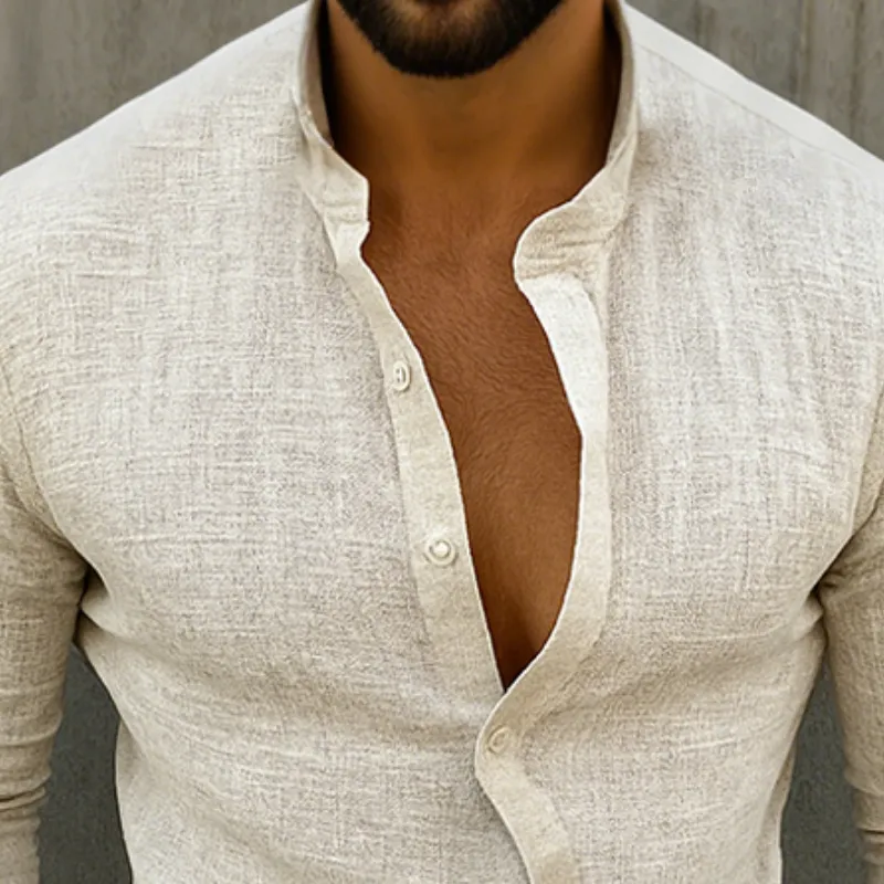 Men's Retro Casual Linen Stand Collar Long Sleeve Shirt MTA2204G4TO sold by Manly product image thumbnail 3