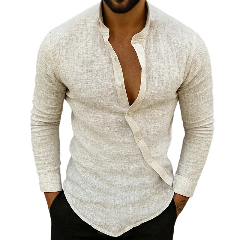 Men's Retro Casual Linen Stand Collar Long Sleeve Shirt MTA2204G4TO sold by Manly