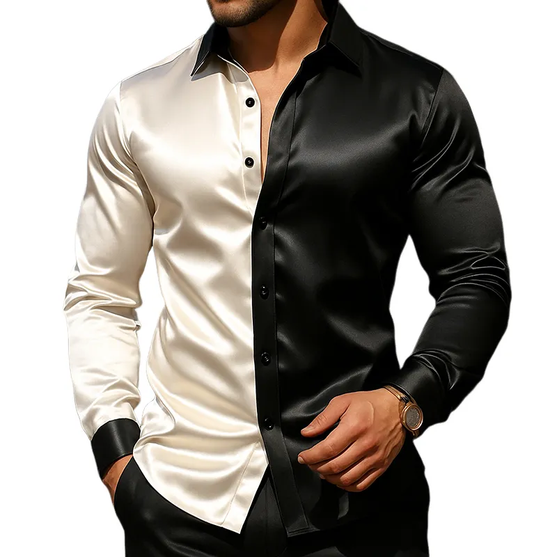 Men's Retro Casual Satin Colorblock Lapel Long Sleeve Shirt MTA2238G2TO sold by Manly
