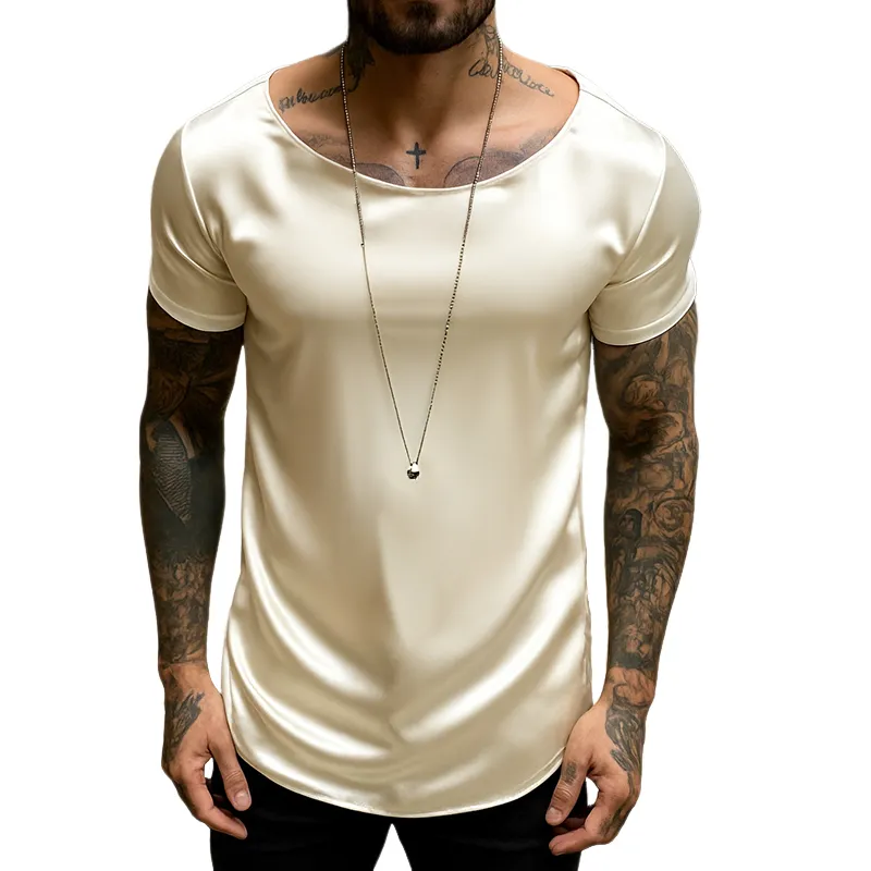 Men's Retro Casual Satin Round Neck Elastic Short Sleeve T-Shirt MTA2242G5TO sold by Manly
