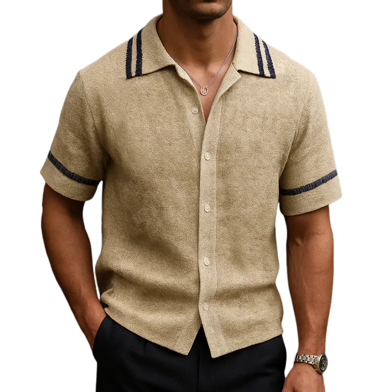 Men's Retro Casual Suede Striped Print Lapel Short Sleeve Shirt MTA2289G8TO sold by Manly