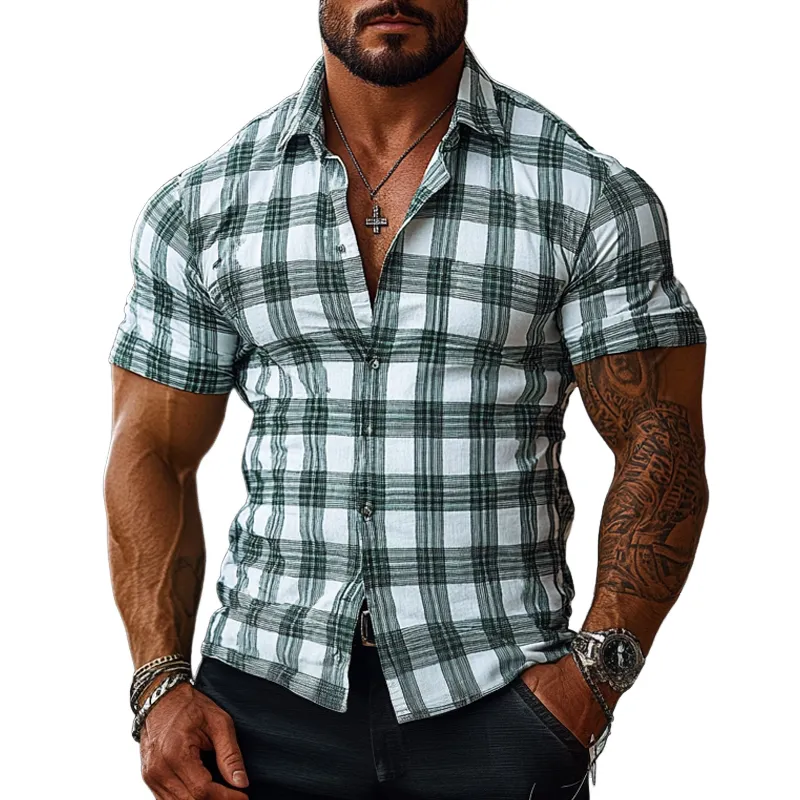 Men's Check Print Short Sleeve Lapel Shirt MTA2255G2X sold by Manly