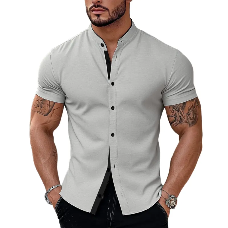 Men's Stand Collar Cotton Blend Short Sleeve Shirt MTA2220G2X sold by Manly